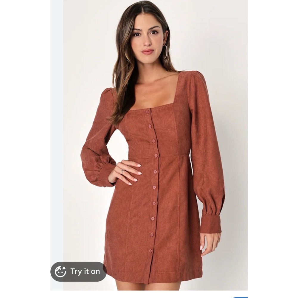 Lulus Rust Brown Corduroy Mini Dress Button Front Long Sleeve XXL BD10769EL